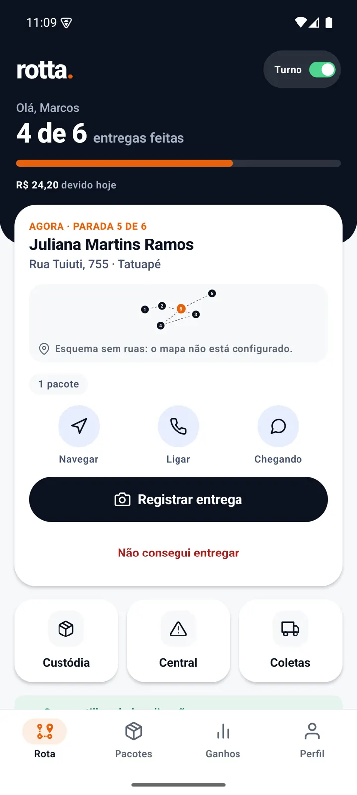 Aplicativo do entregador: a rota do dia, com a parada atual em destaque e o valor devido no dia.