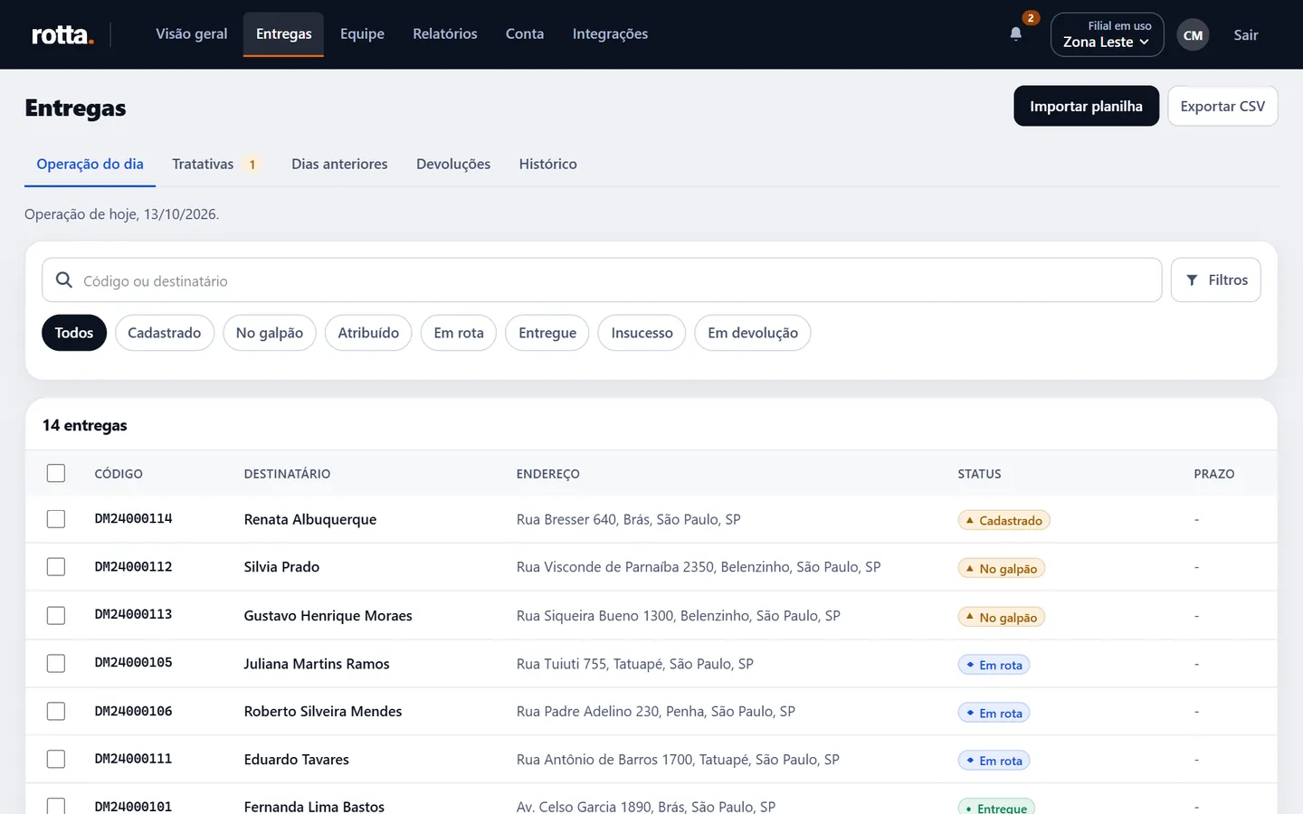 A lista de entregas do painel, com código, destinatário, endereço e situação, e os botões de importar planilha e exportar CSV.