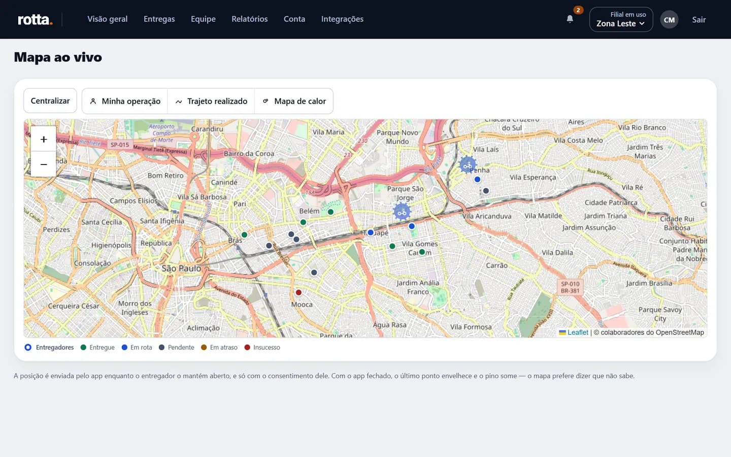 O mapa ao vivo do painel, com os entregadores e as entregas por situação: entregue, em rota, pendente e insucesso.